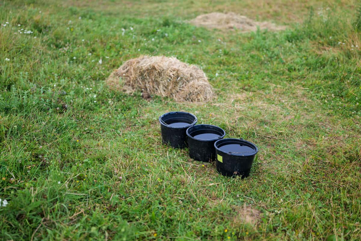 Buckets and a hay stack in a meadow