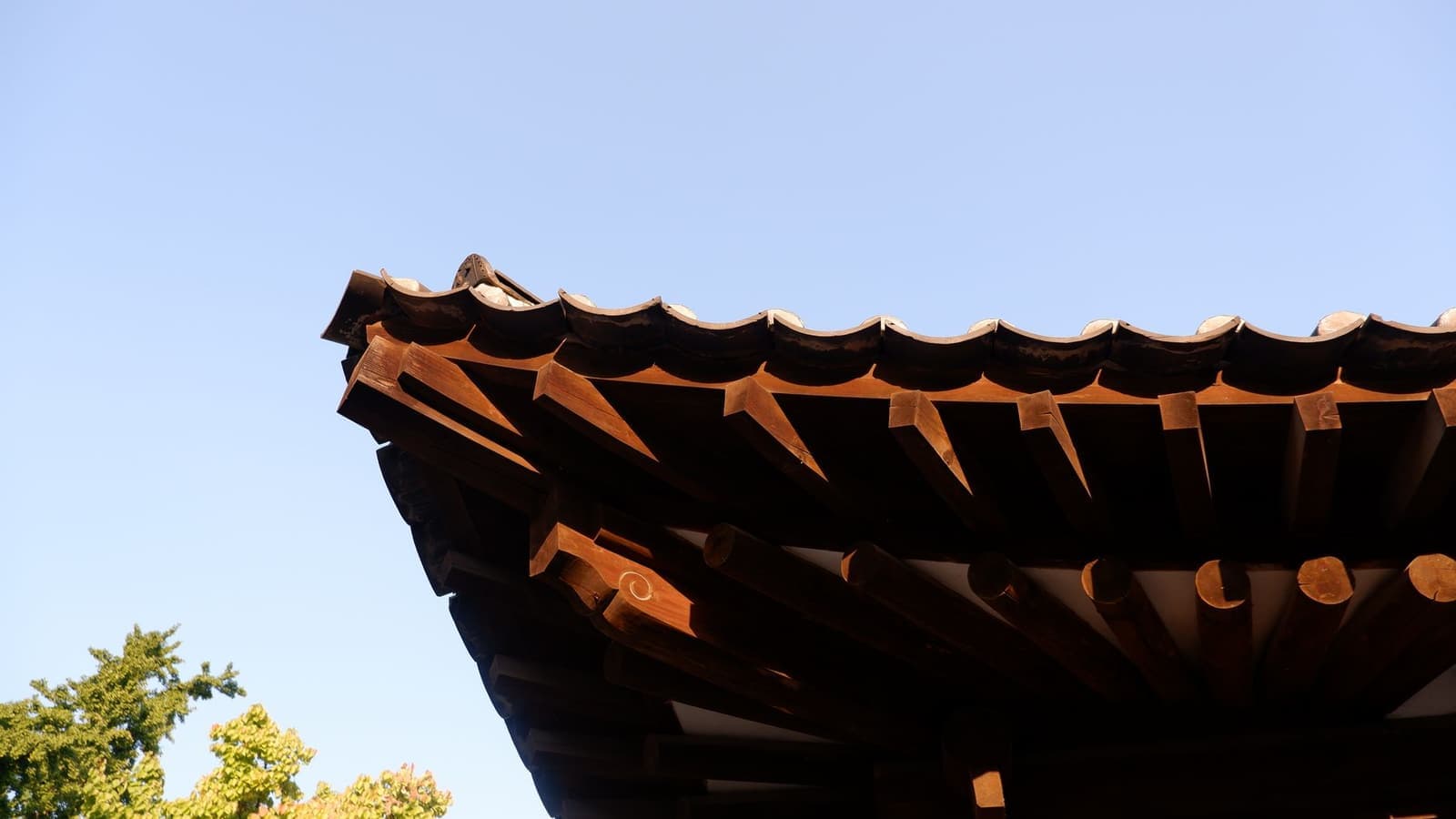 Close-up of a traditional timber roof structure against a clear sky