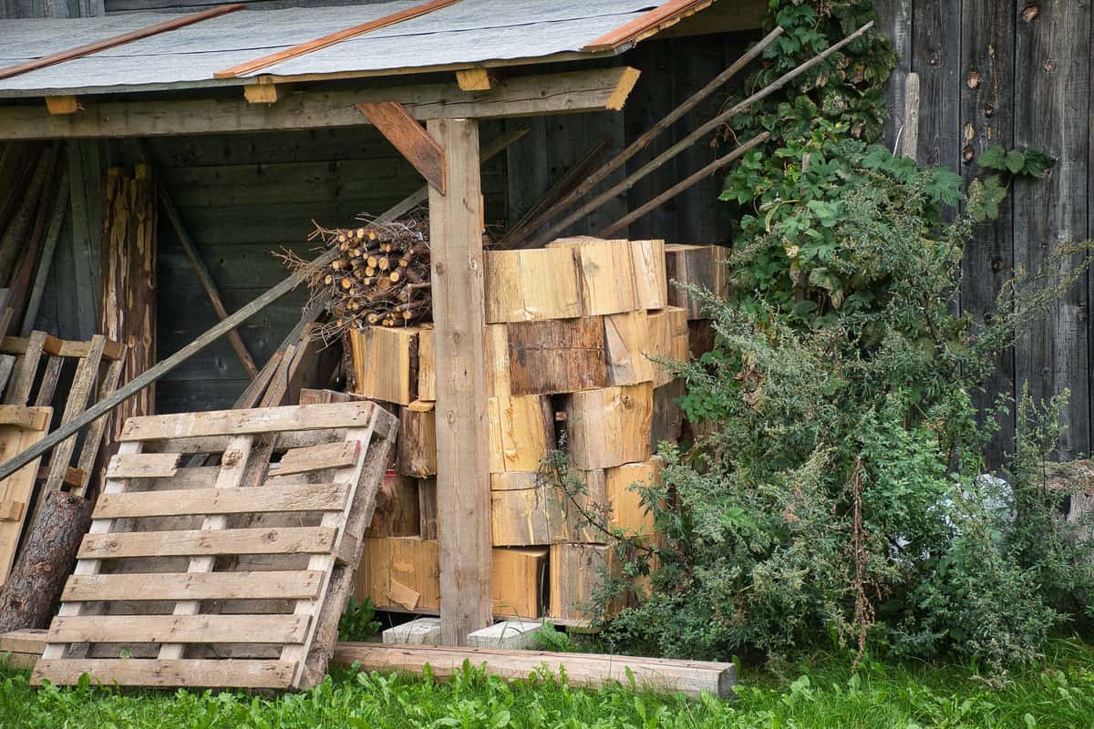 A rustic woodpile beside a wooden shed