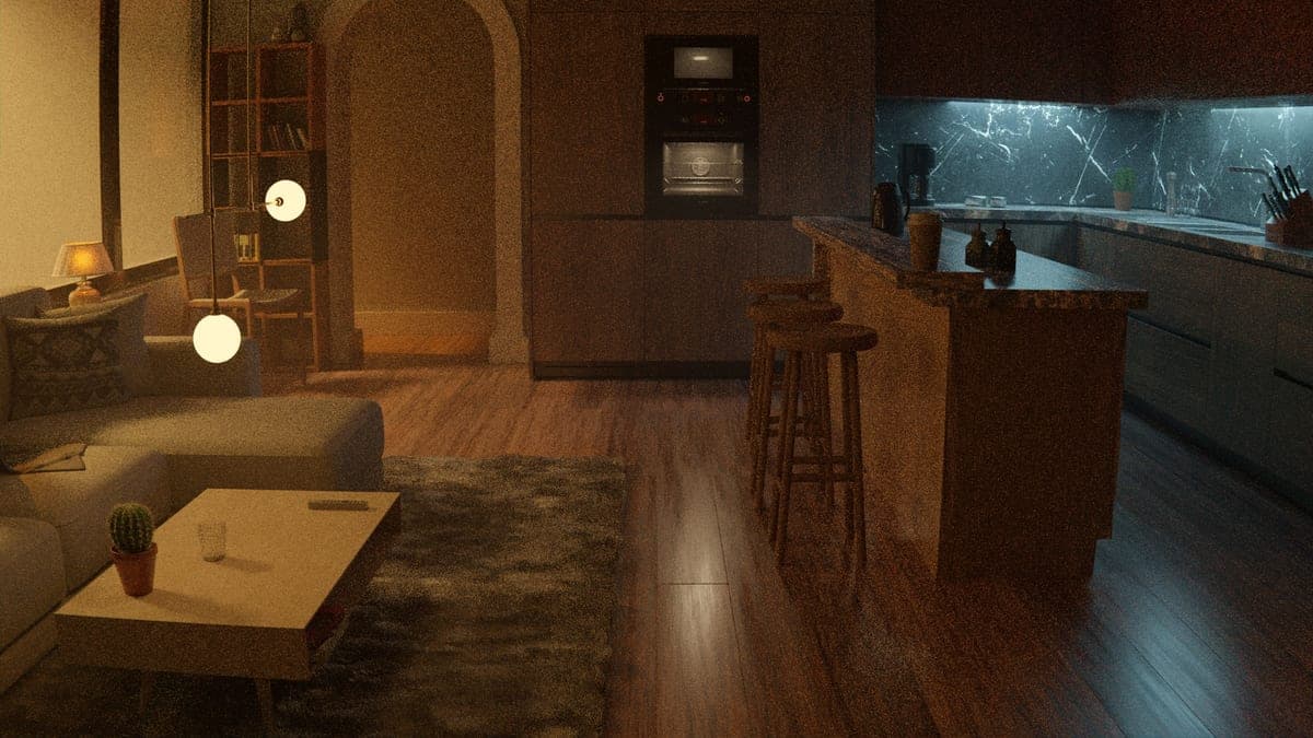 A warm living room and kitchen interior with modern lighting