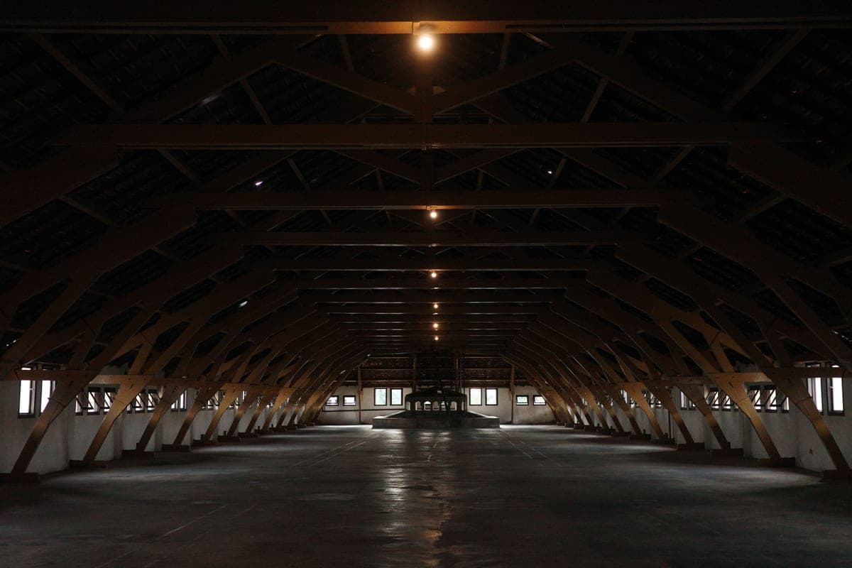 Expansive wooden beams in an attic space