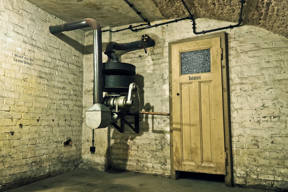 An empty basement room with exposed pipes