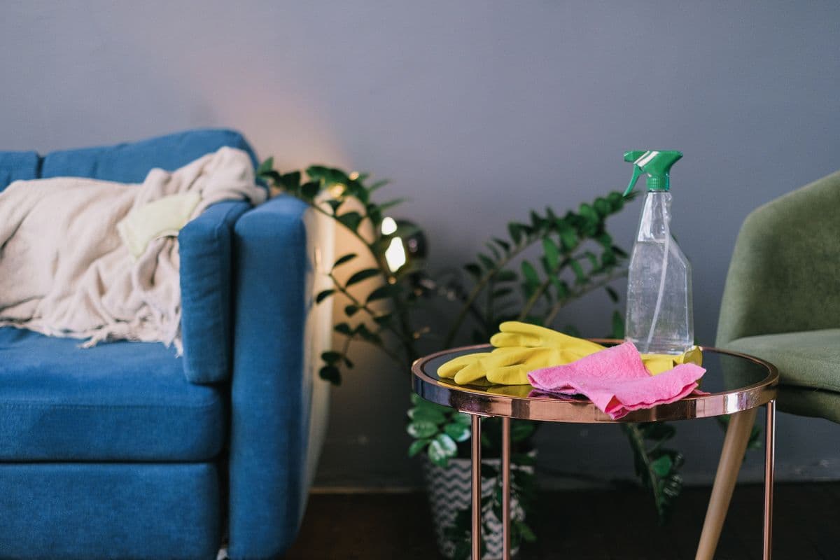 Latex gloves and a spray bottle of disinfectant on a table