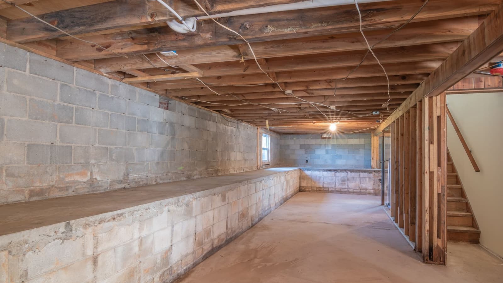 An empty basement with concrete walls, exposed wooden beams and stairs