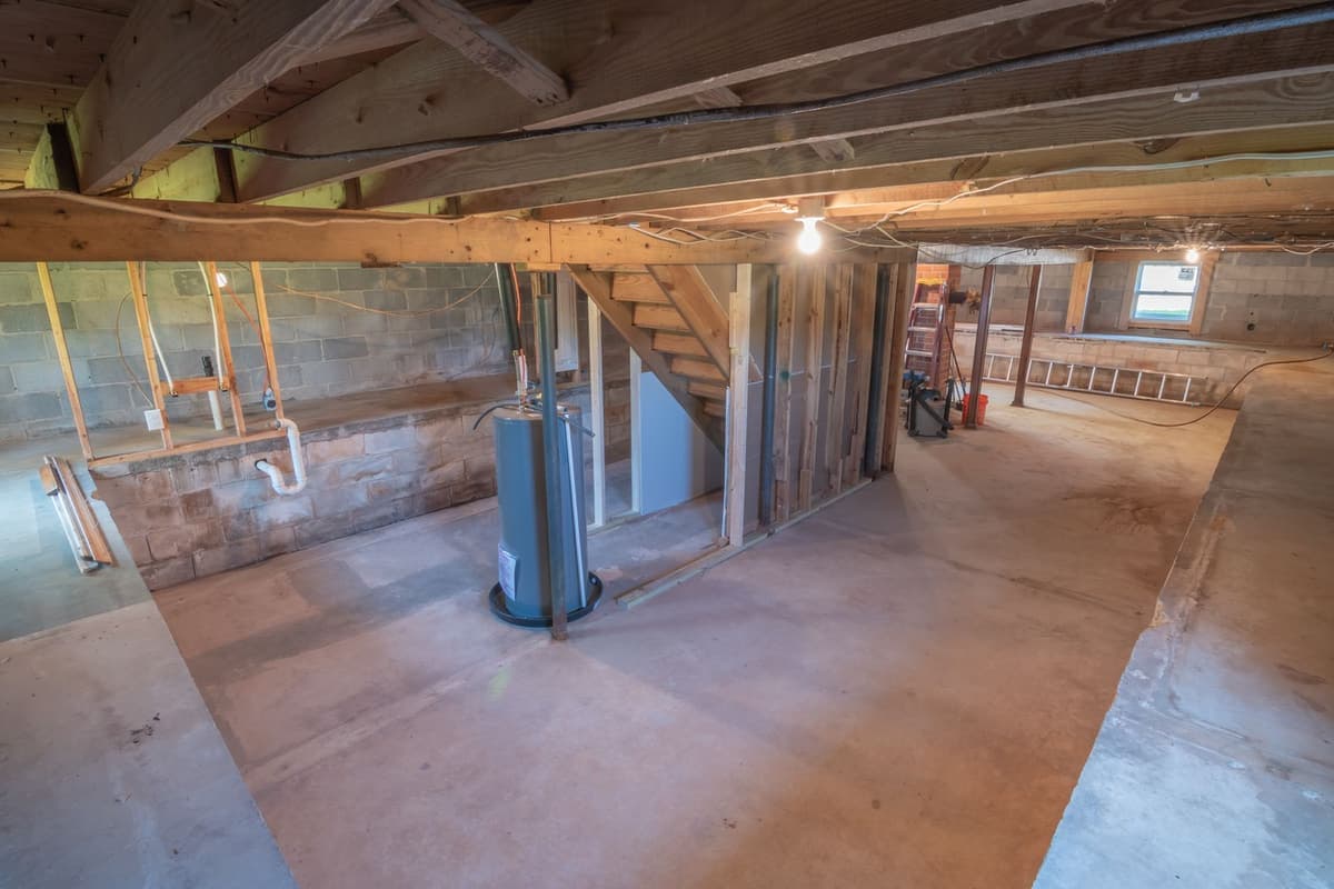 An empty basement with exposed beams and plumbing pipes overhead