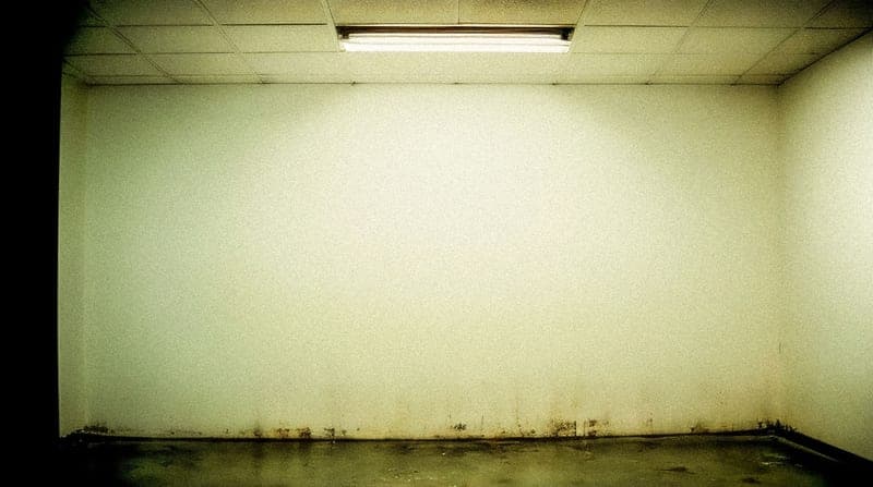 A bare basement room with stained walls and a ceiling light